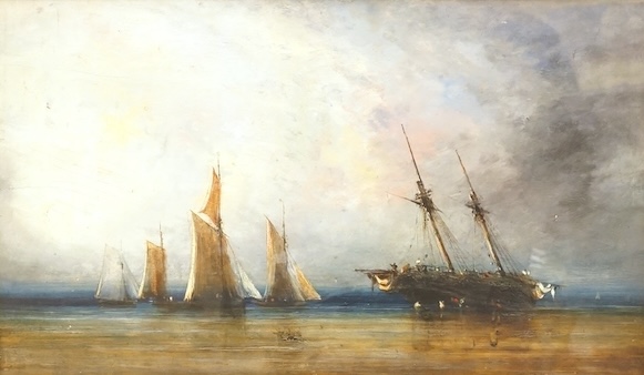 20th century School, Shipping scene, oil on board, unsigned, 26 x 43cm, ornate gilt frame